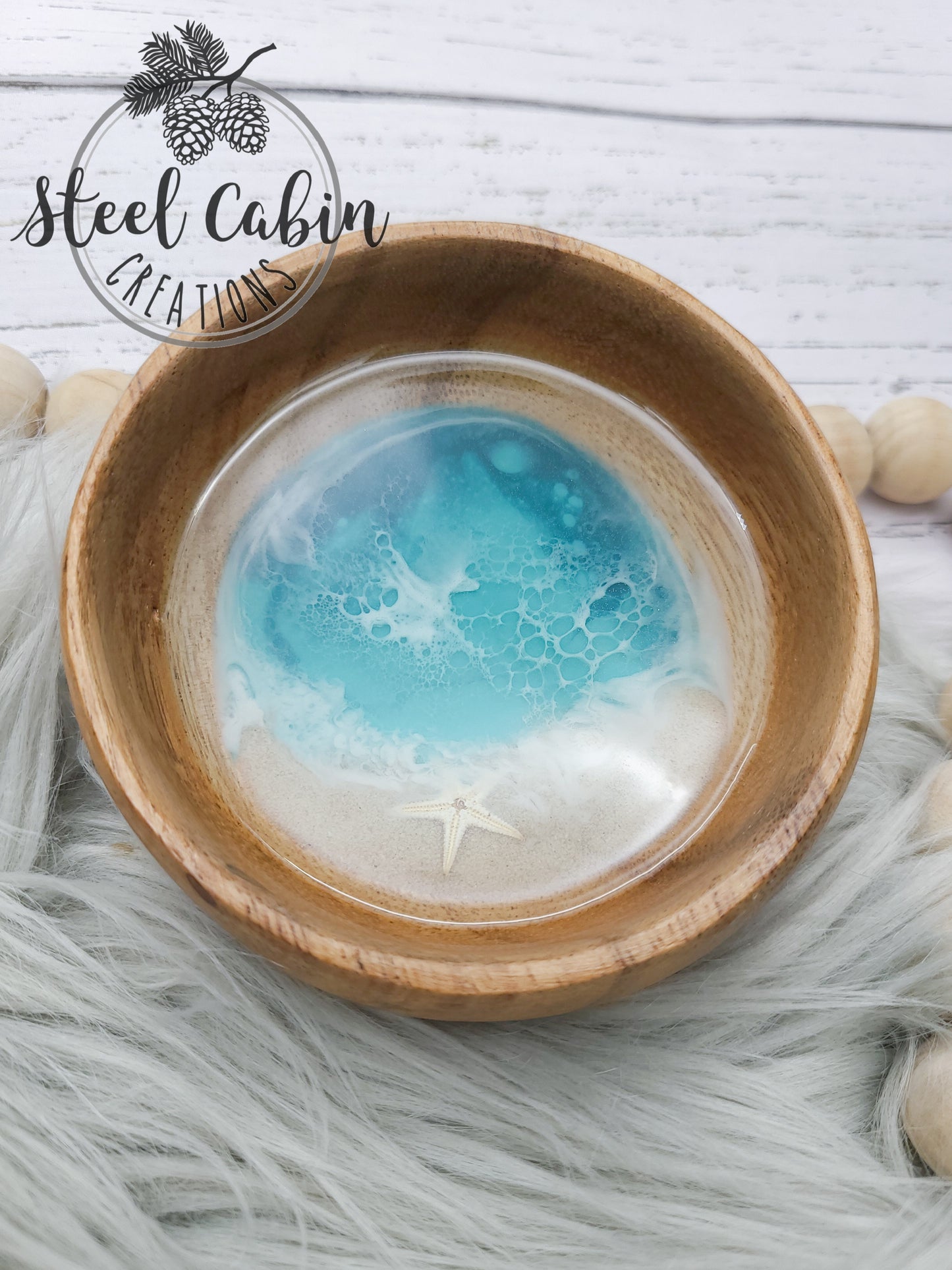 Ocean Scene Wood Trinket Bowl - 4 Inch