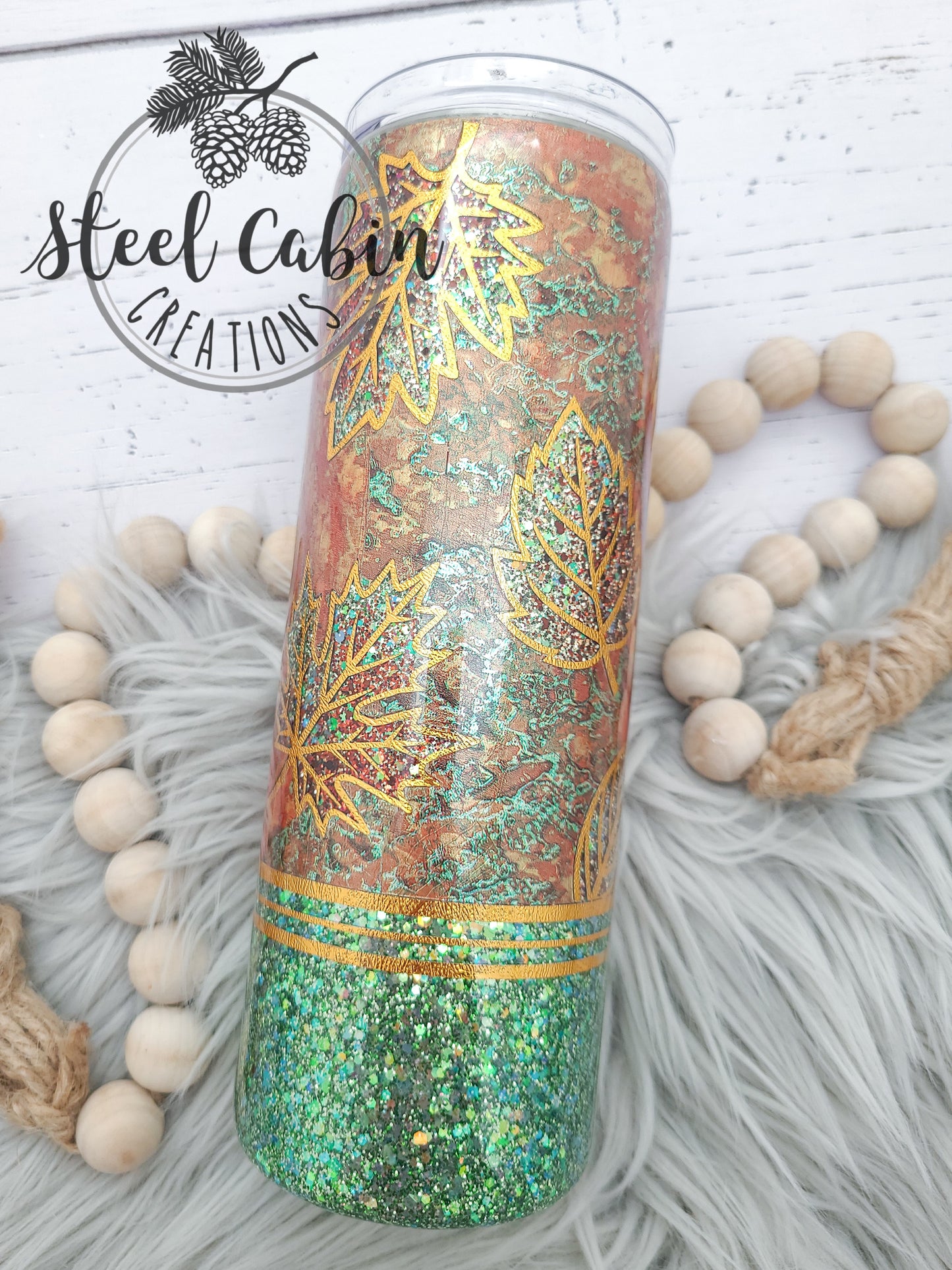 Patina Fall Leaves - Glitter - 20 oz Skinny Tumbler