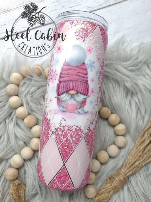 Pink Winter Gnome Argyle Glitter - 20oz Skinny