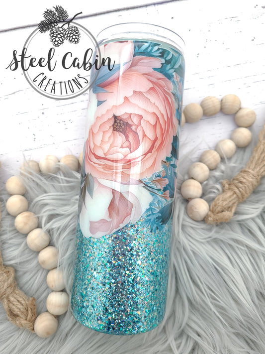 Teal Peach Floral- Glitter - 20oz Skinny Tumbler