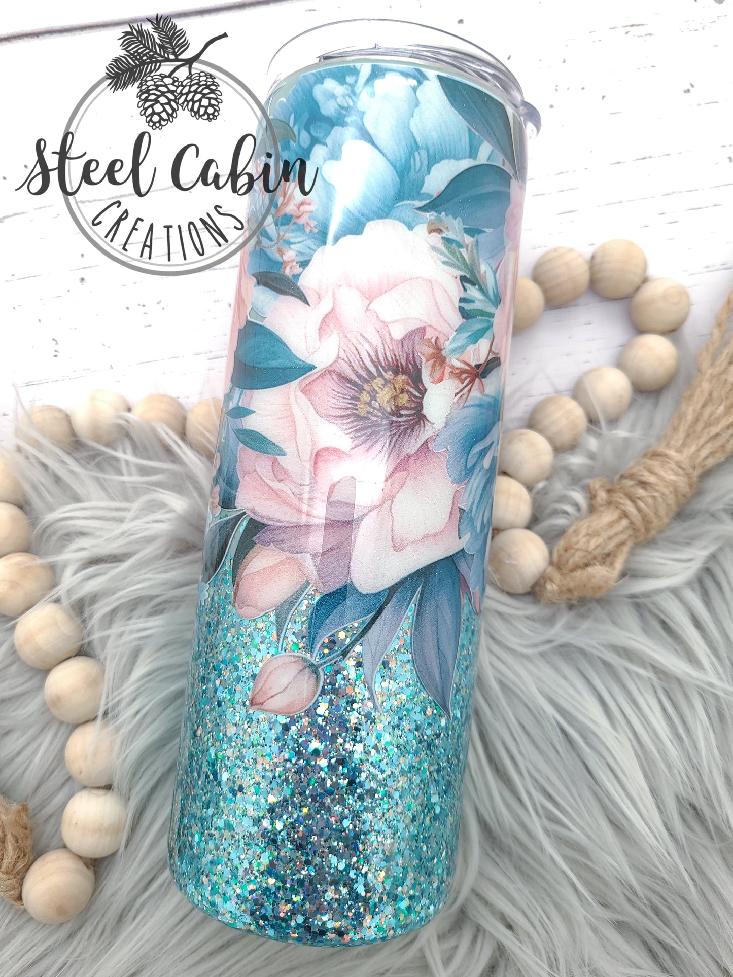 Teal Peach Floral- Glitter - 20oz Skinny Tumbler