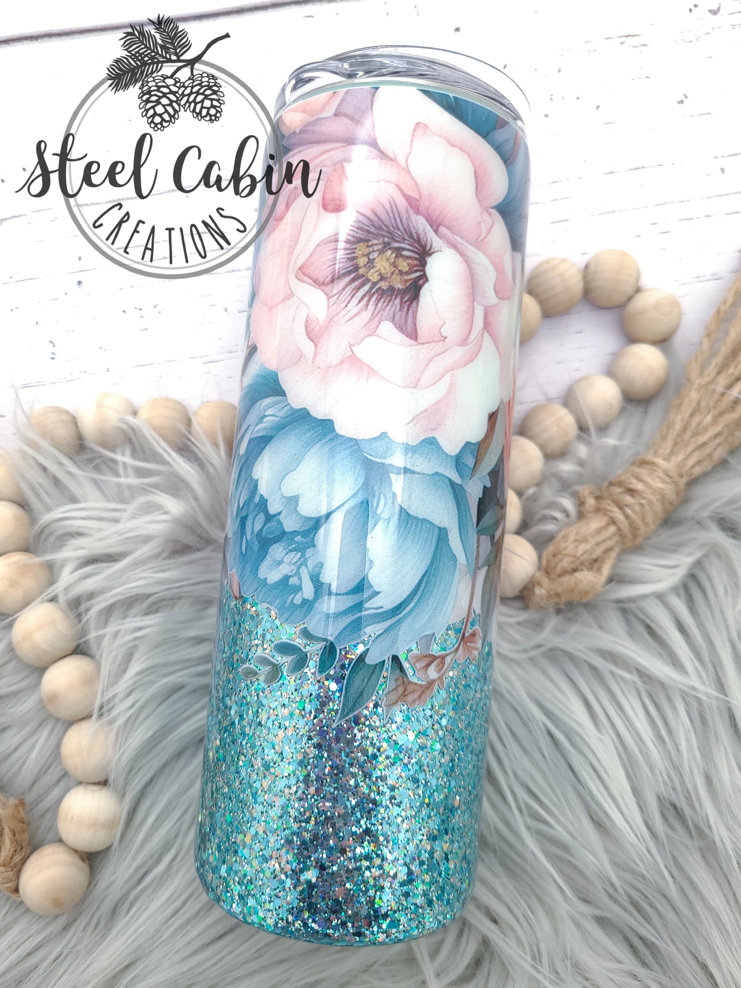 Teal Peach Floral- Glitter - 20oz Skinny Tumbler