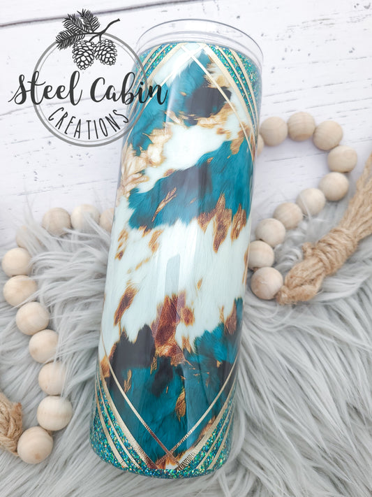 Teal/Gold Cowhide Diamond - Glitter - 20 oz Skinny Tumbler