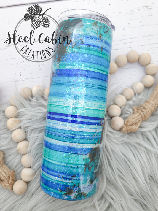 Blue Sarape Cowhide Twist - Glitter - 20 oz Skinny Tumbler