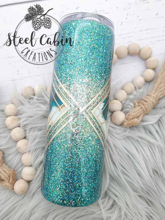 Teal/Gold Cowhide Diamond - Glitter - 20 oz Skinny Tumbler