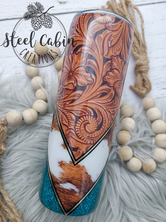 Tan Tooled Leather/Cowhide/Teal Glitter V-Split - 20oz Skinny Straight