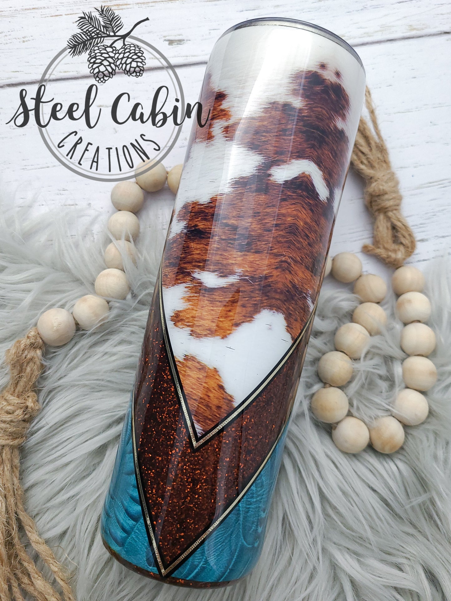 Cowhide/Brown Glitter/Teal Tooled Leather V-Split - 30oz Skinny Straight