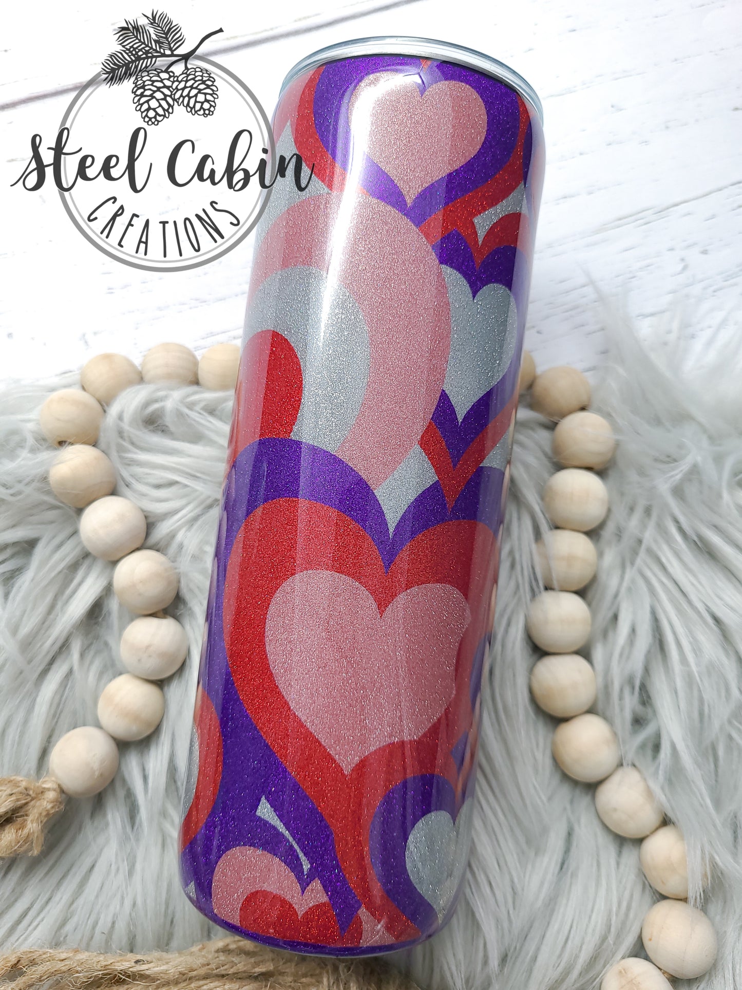 Red/Purple/Pink/Silver Heart Burst - 20oz Skinny Straight