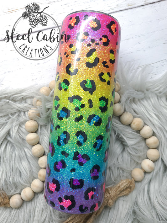 Neon Rainbow Leopard - Glitter - Skinny Tumbler
