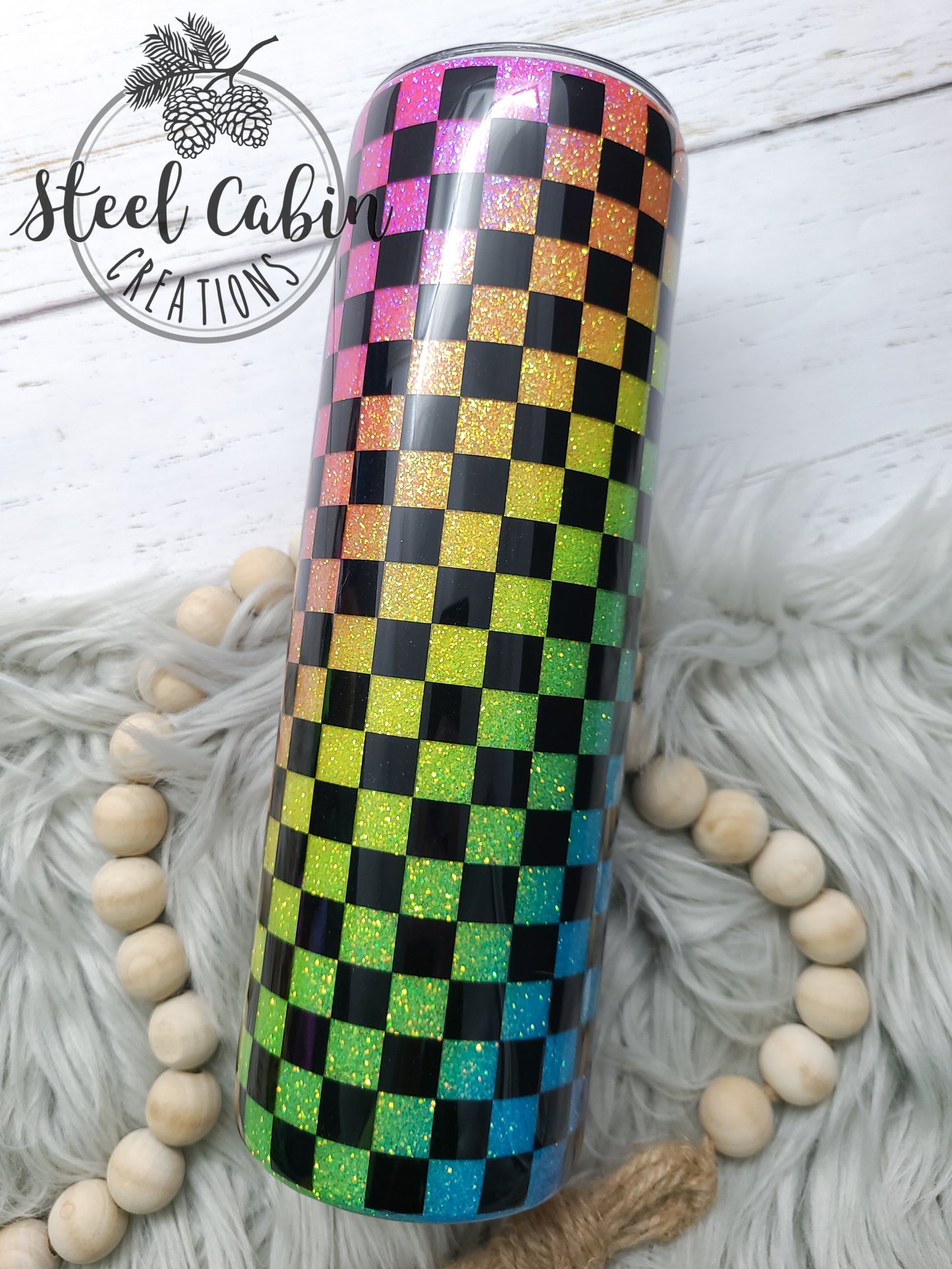 Black Checker Neon Rainbow Glitter - Skinny Tumbler
